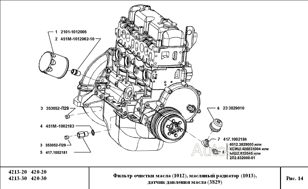 Фильтр очистки масла, масляный радиатор, датчики давления масла
