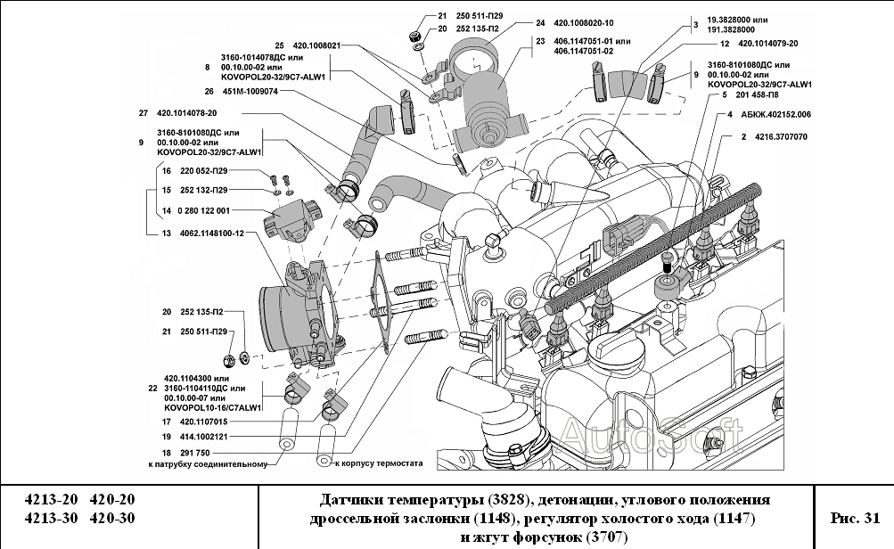 Датчики температуры, детонации, углового положения дроссельной заслонки, регулятор холостого хода и жгут форсунок