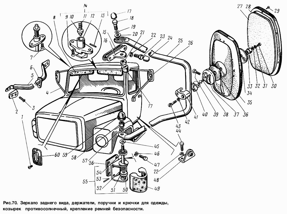 Зеркало заднего вида, держатели, поручни и крючки для одежды, козырек противосолнечный, крепление ремней безопасности
