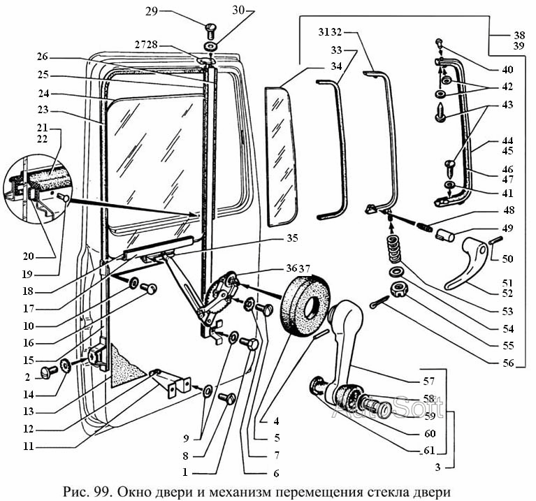 Окно двери и механизм перемещения стекла двери
