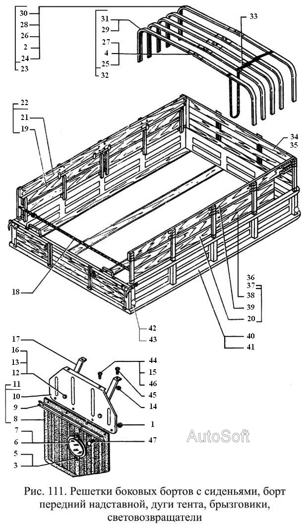 Решетки боковых бортов с сиденьями, борт передний надставной, дуги тента, брызговики, световозвращатели