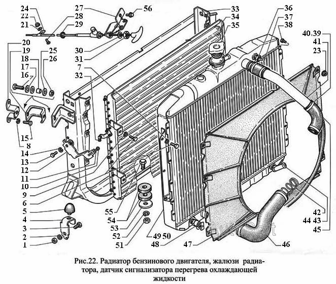 Радиатор бензинового двигателя, жалюзи радиатора, датчик сигнализатора перегрева охлаждающей жидкости