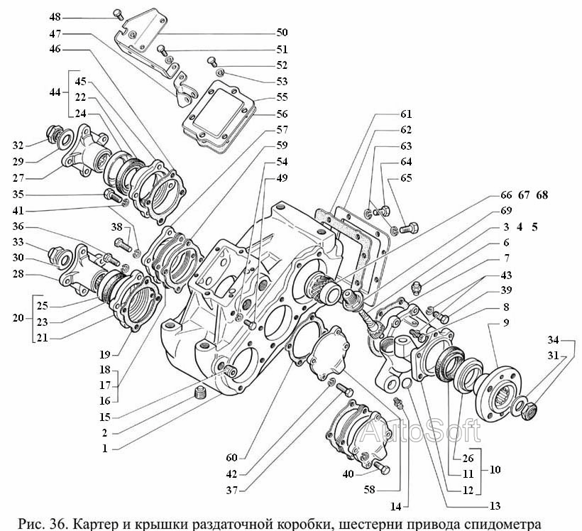 Картер и крышки раздаточной коробки, шестерни привода спидометра