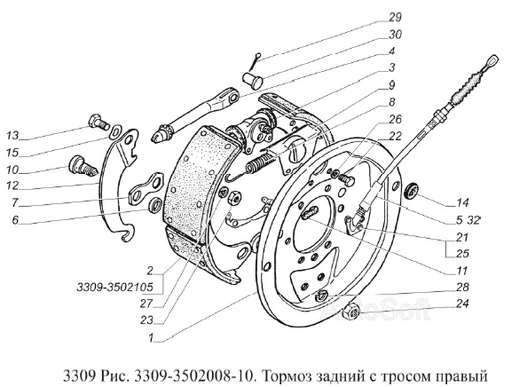 Тормоз задний с тросом правый
