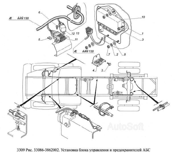 Установка блока управления и предохранителей АБС