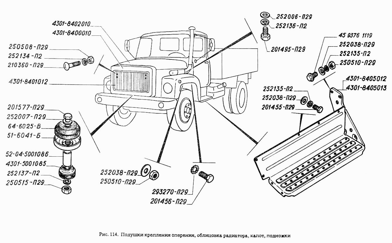 Подушки крепления оперения, облицовка радиатора, капот, подножки