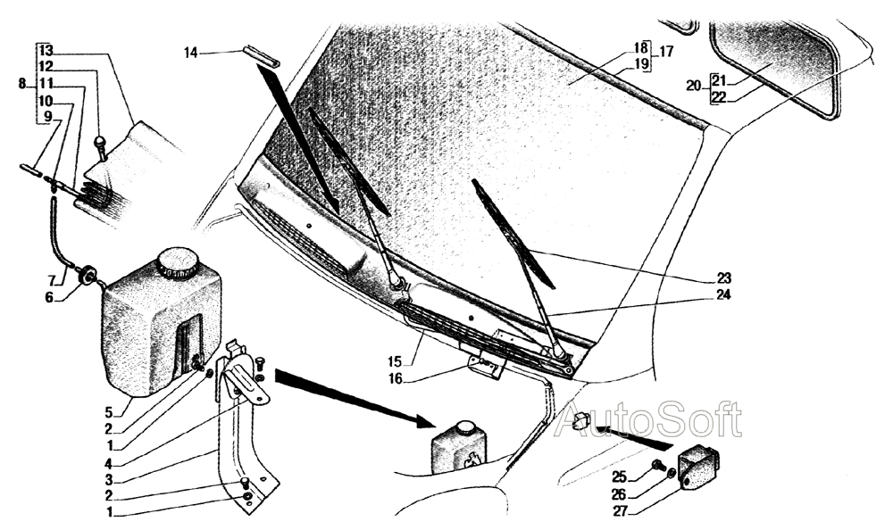 Стекло ветровое окна, стекло окна задка, стеклоочиститель, реле стеклоочистителя, омыватель электрический и облицовка наружной п