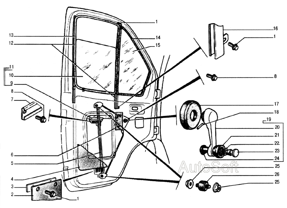 Стекло неподвижное передних дверей, стекло опускное, уплотнители стекол, механизм стеклоподъемника
