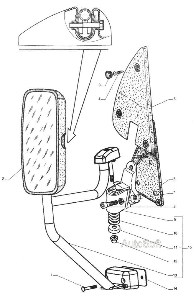 Зеркало заднего вида, стойка зеркала с опорой, кожух опоры