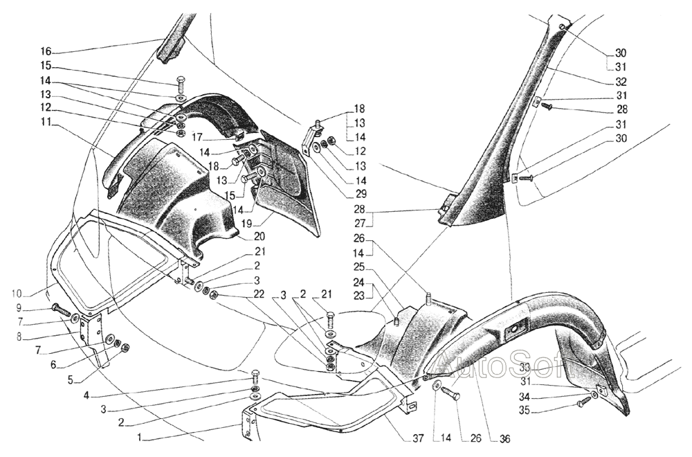 Арки и щитки крыла, облицовка наружной панели передка, передние фартуки