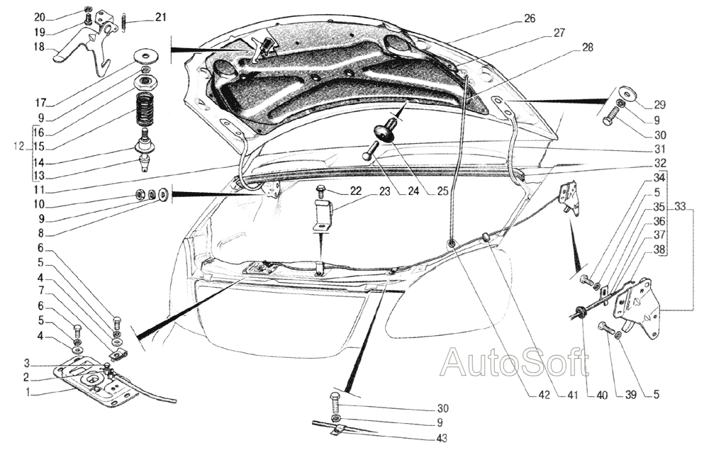 Капот с арматурой, замок капота и его привод