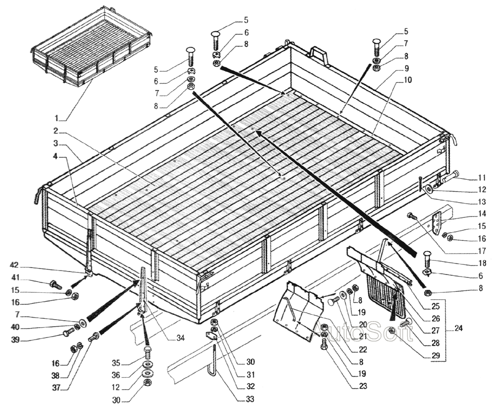Платформа с бортами, основание платформы, брызговики задних колес