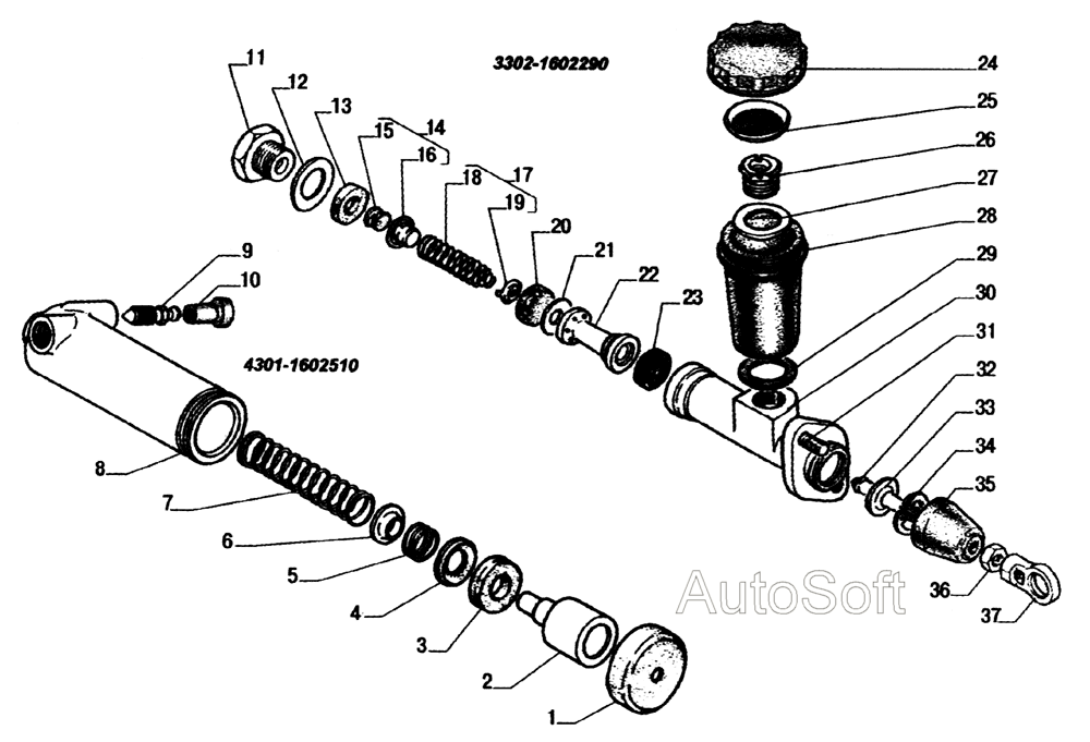 Детали главного и рабочего цилиндров привода выключения сцепления