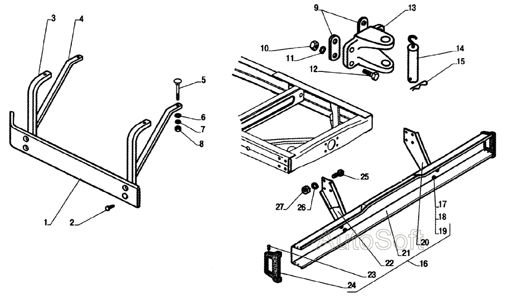 Буксирное устройство заднее, противоподкатный брус, боковое ограждение
