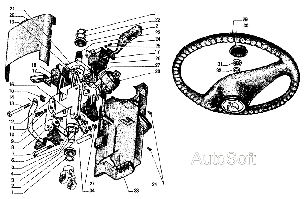Управление рулевое, выключатель зажигания, переключатель стеклоочистителя и стеклоомывателя, переключатель указателей поворота, 