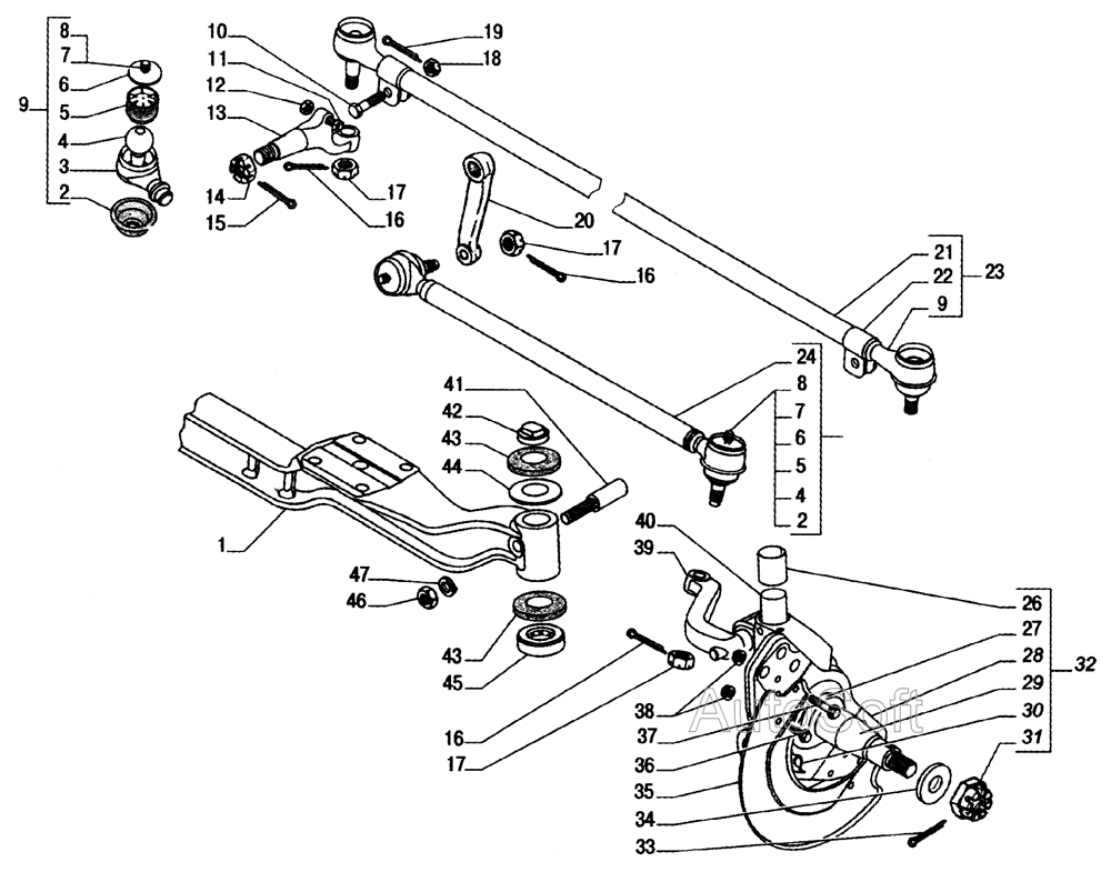 Балка задней оси, поворотные кулаки, тяги рулевые, сошки руля