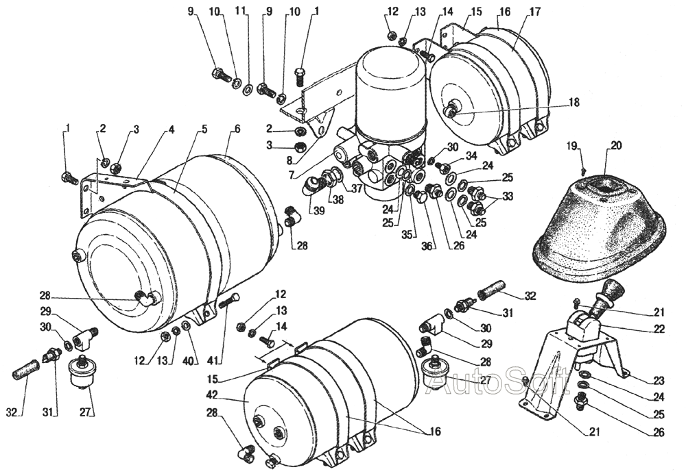 Кран управления стояночным тормозом, воздушные баллоны, воздухоосушитель, датчики давления воздуха