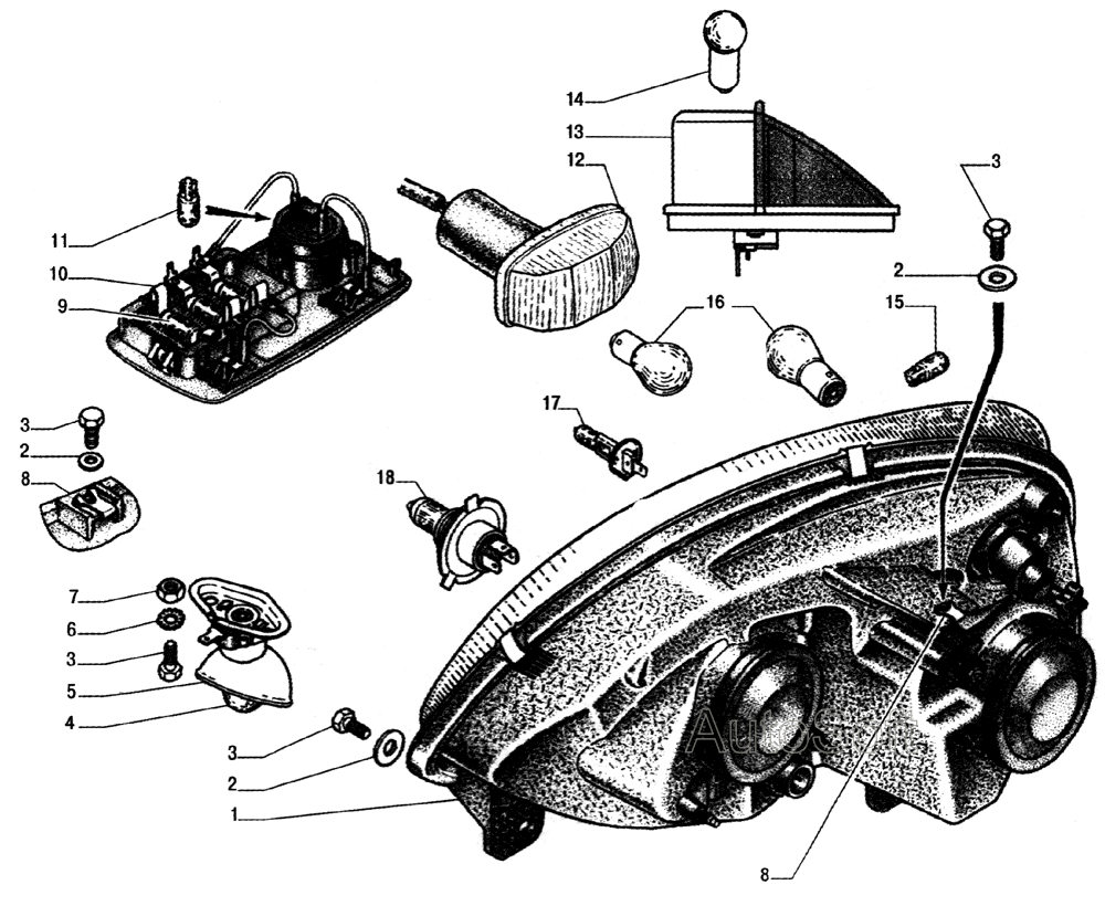 Фары, указатели поворота, блок плафонов кабины, подкапотная лампа, передние контурные фонари