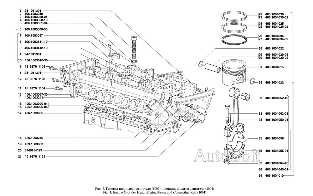 Головка цилиндров двигателя, поршень и шатун двигателя