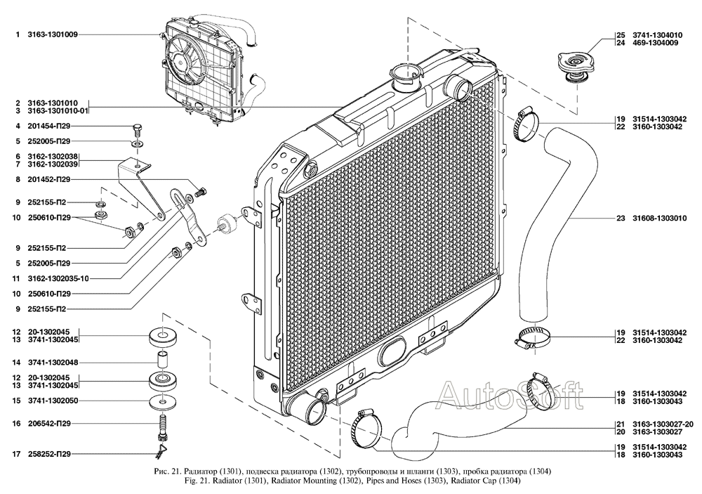 Радиатор, подвеска радиатора, трубопроводы и шланги, пробка радиатора