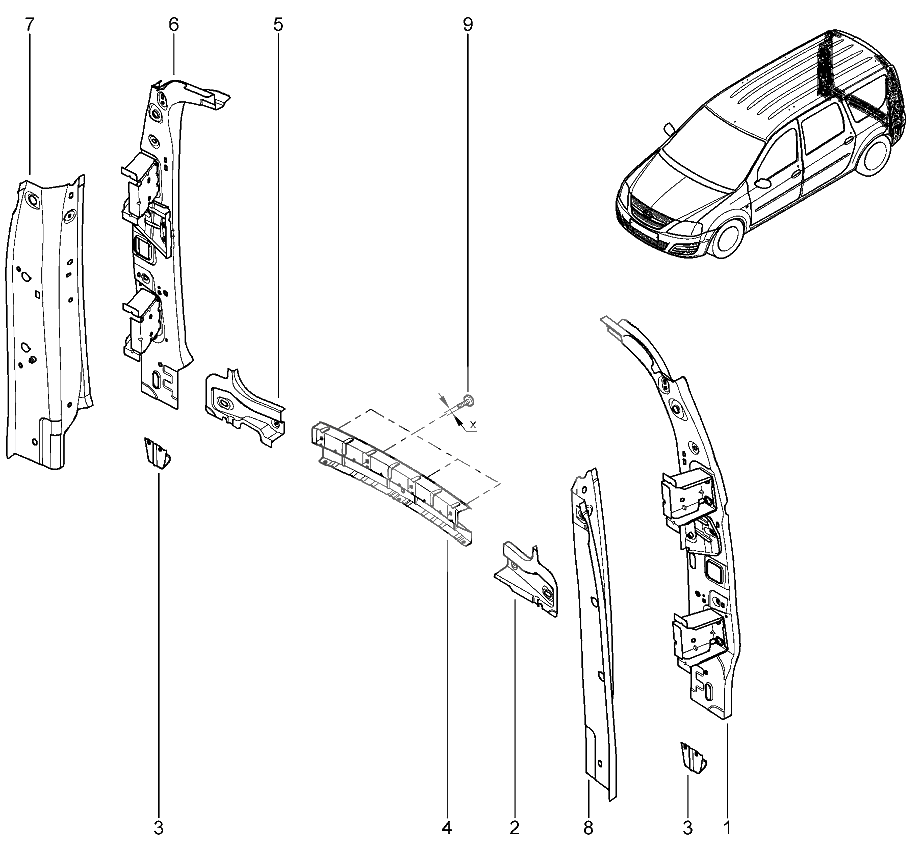 Каркас заднего приема двери