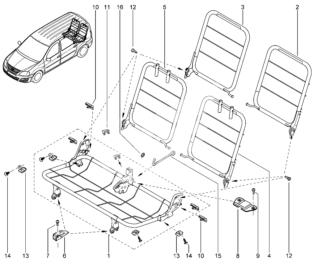 Каркас сидений задних 3-й ряд (1/2)