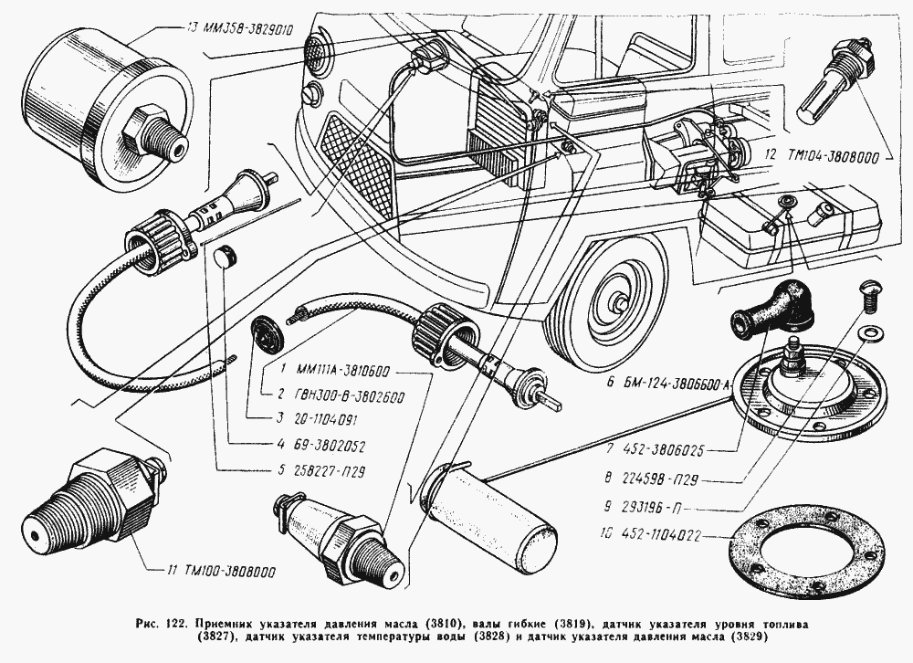 Приемник указателя давления масла, валы гибкие, датчики