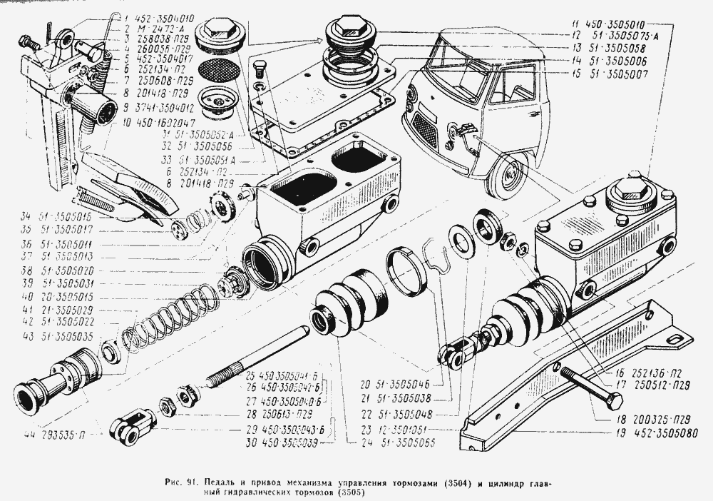 Педаль и привод механизма управления тормозами, цилиндр главный гидравлических тормозов