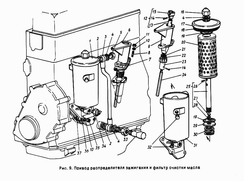 Привод распределителя зажигания и фильтр очистки масла