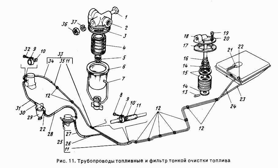 Трубопроводы топливные и фильтр тонкой очистки топлива