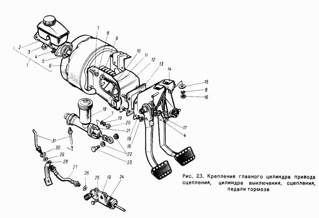 Крепление главного цилиндра привода сцепления, цилиндра выключения, педали тормоза