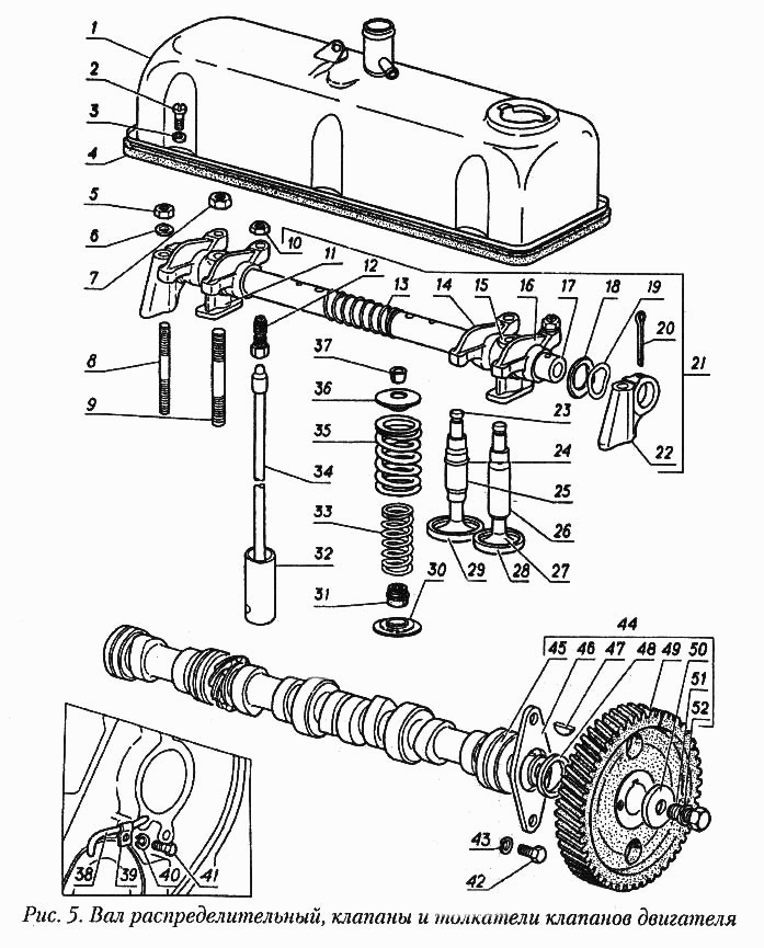 Вал распределительный, клапаны и толкатели клапанов двигателя