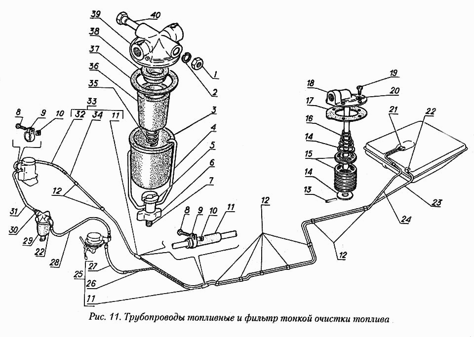 Трубопроводы топливные и фильтр тонкой очистки топлива