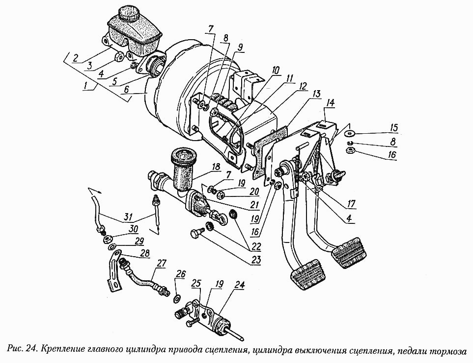 Крепление главного цилиндра привода сцепления, цилиндра выключения, педали тормоза