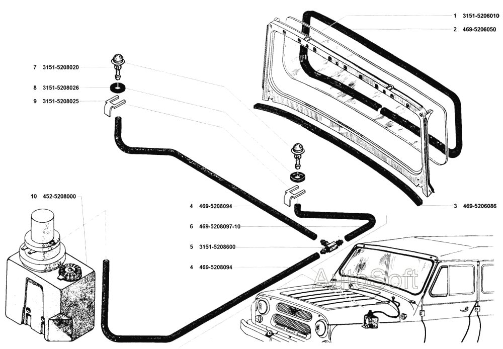 Окно ветровое, смыватель