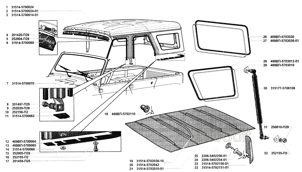 Крыша в сборе, обивка крыши, окно крыши