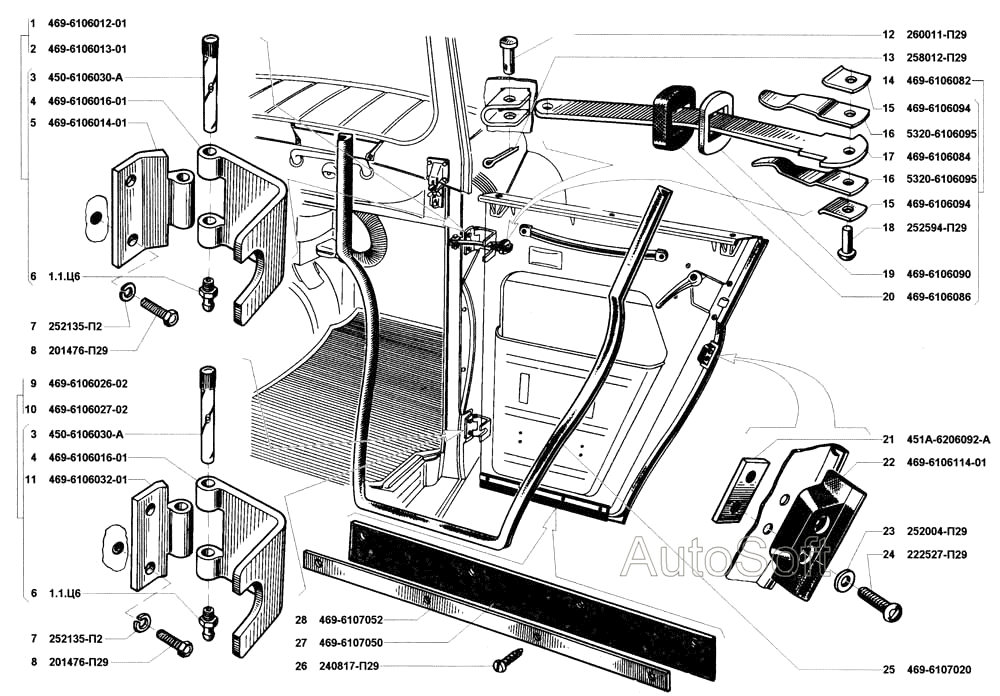 Навеска передней и задней дверей, уплотнения передней и задней дверей