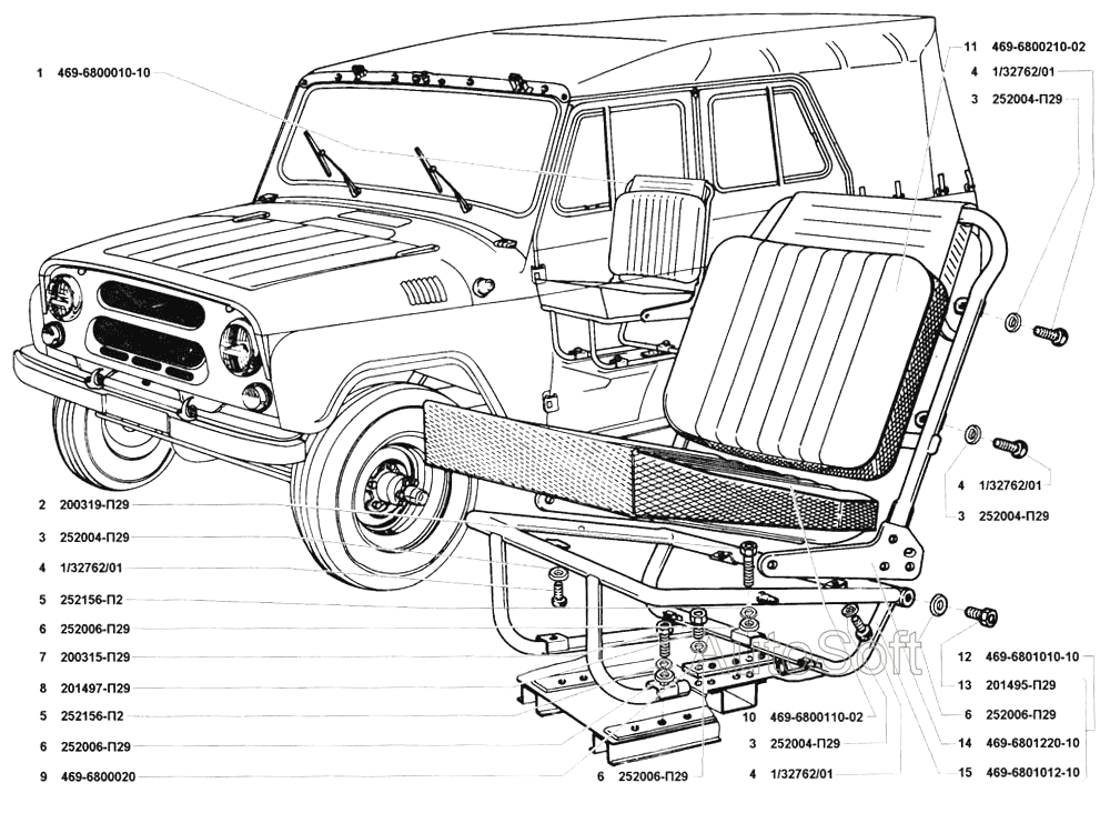 Сиденье водителя, остов сиденья водителя