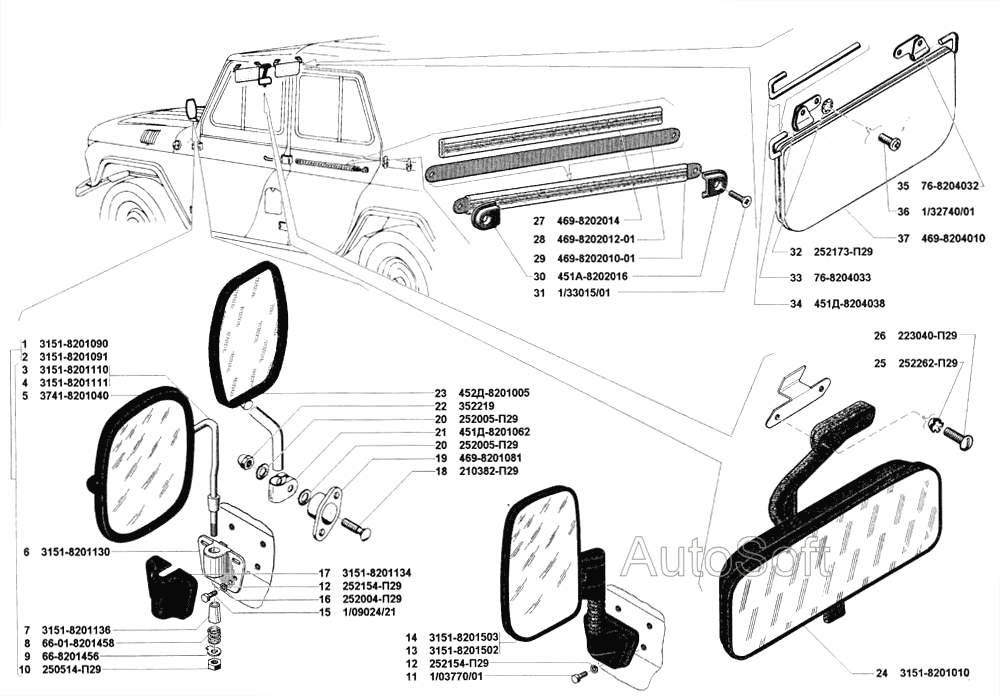 Зеркала заднего вида, козырек противосолнечный