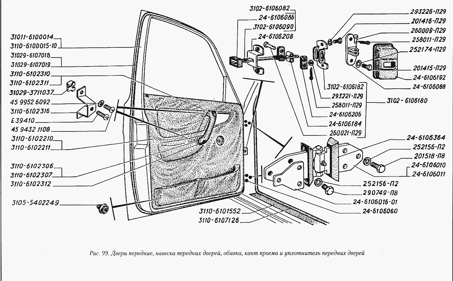 Двери передние, навеска передних дверей, обивка, кант проема и уплотнитель передних дверей