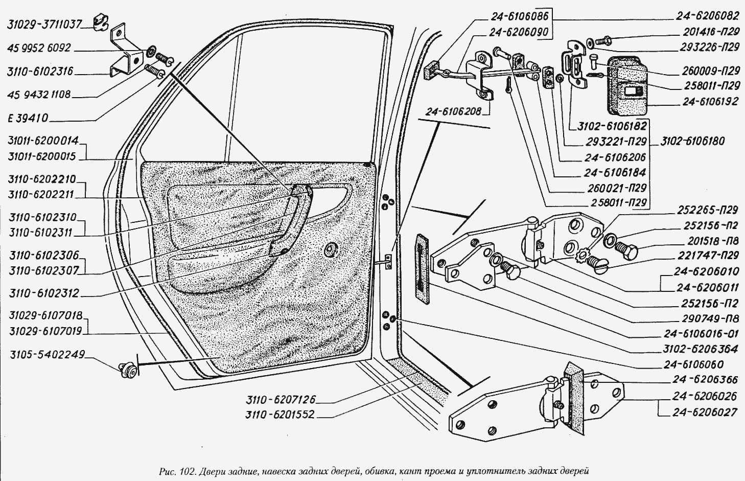 Двери задние, навеска задних дверей, обивка, кант проема и уплотнитель задних дверей