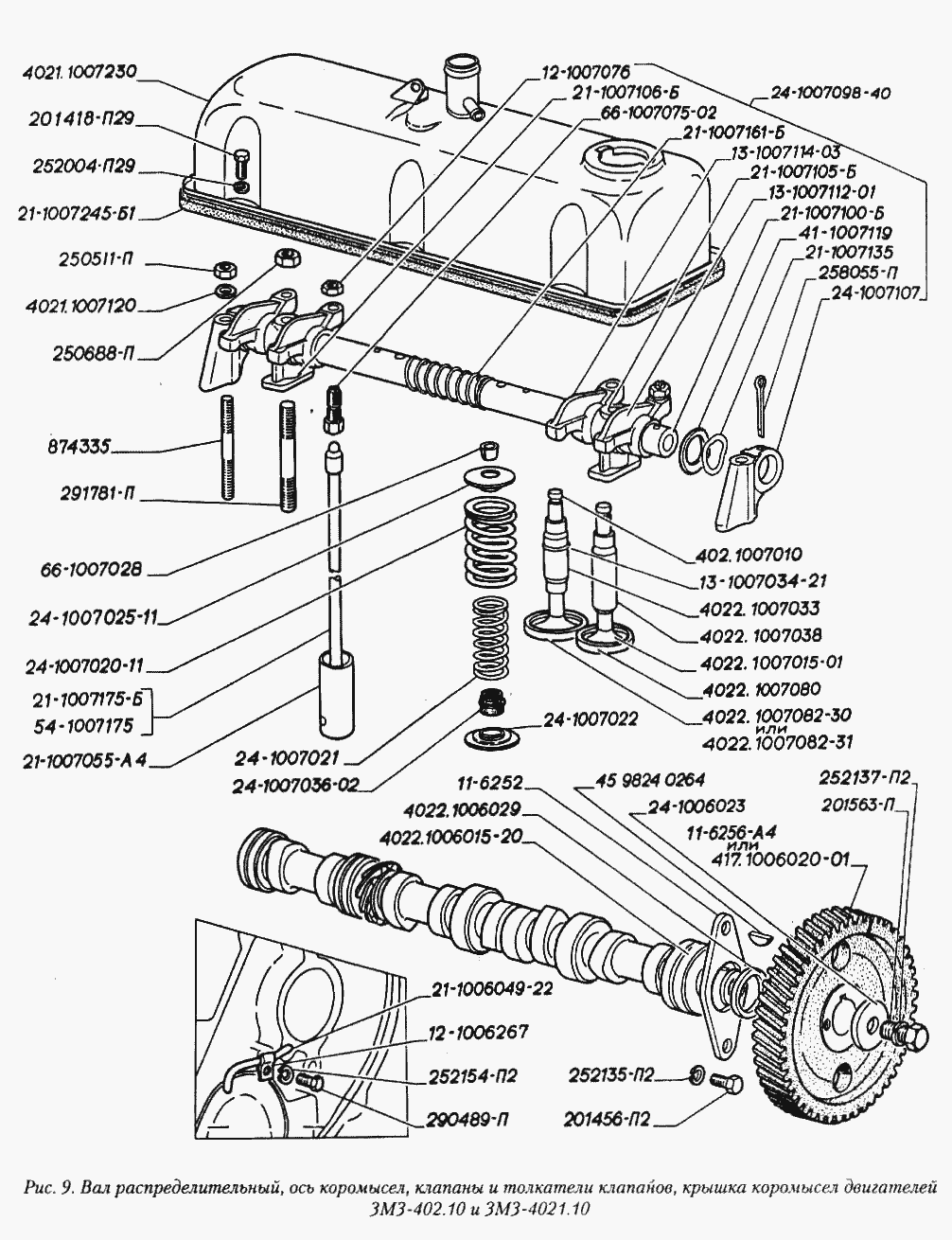Вал распределительный, ось коромысел, клапаны и толкатели клапанов, крышка коромысел двигателей ЗМЗ-402.10 и ЗМЗ-4021.10