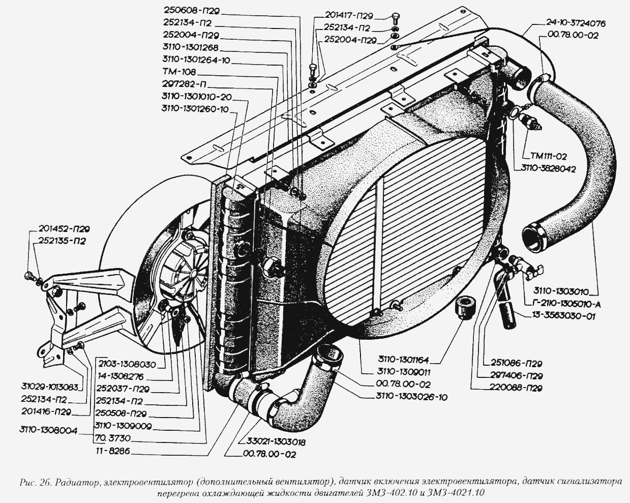 Радиатор, электровентилятор (дополнительный вентилятор), датчик включения электровентилятора, датчик сигнализатора перегрева охл