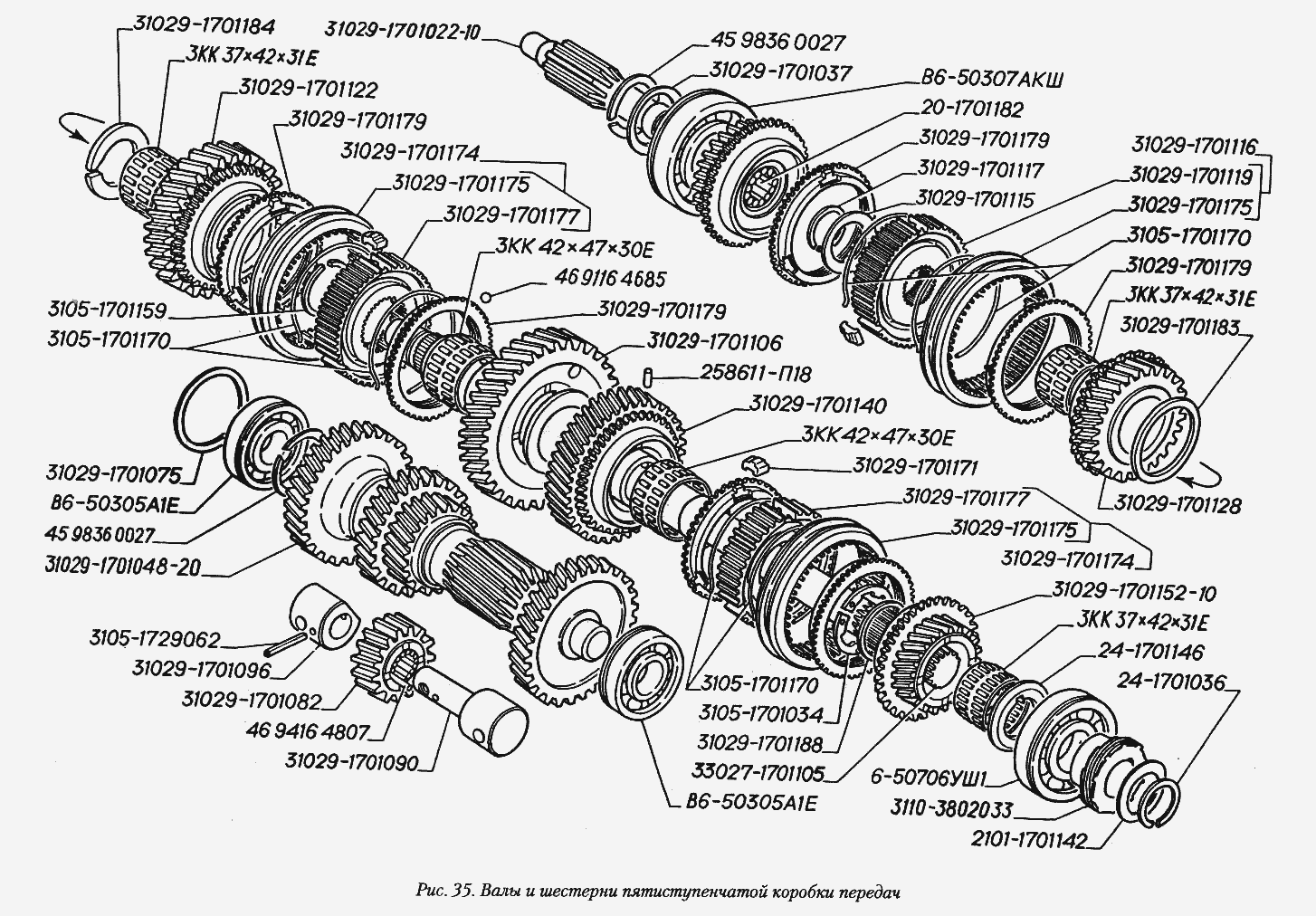 Валы и шестерни пятиступенчатой коробки передач