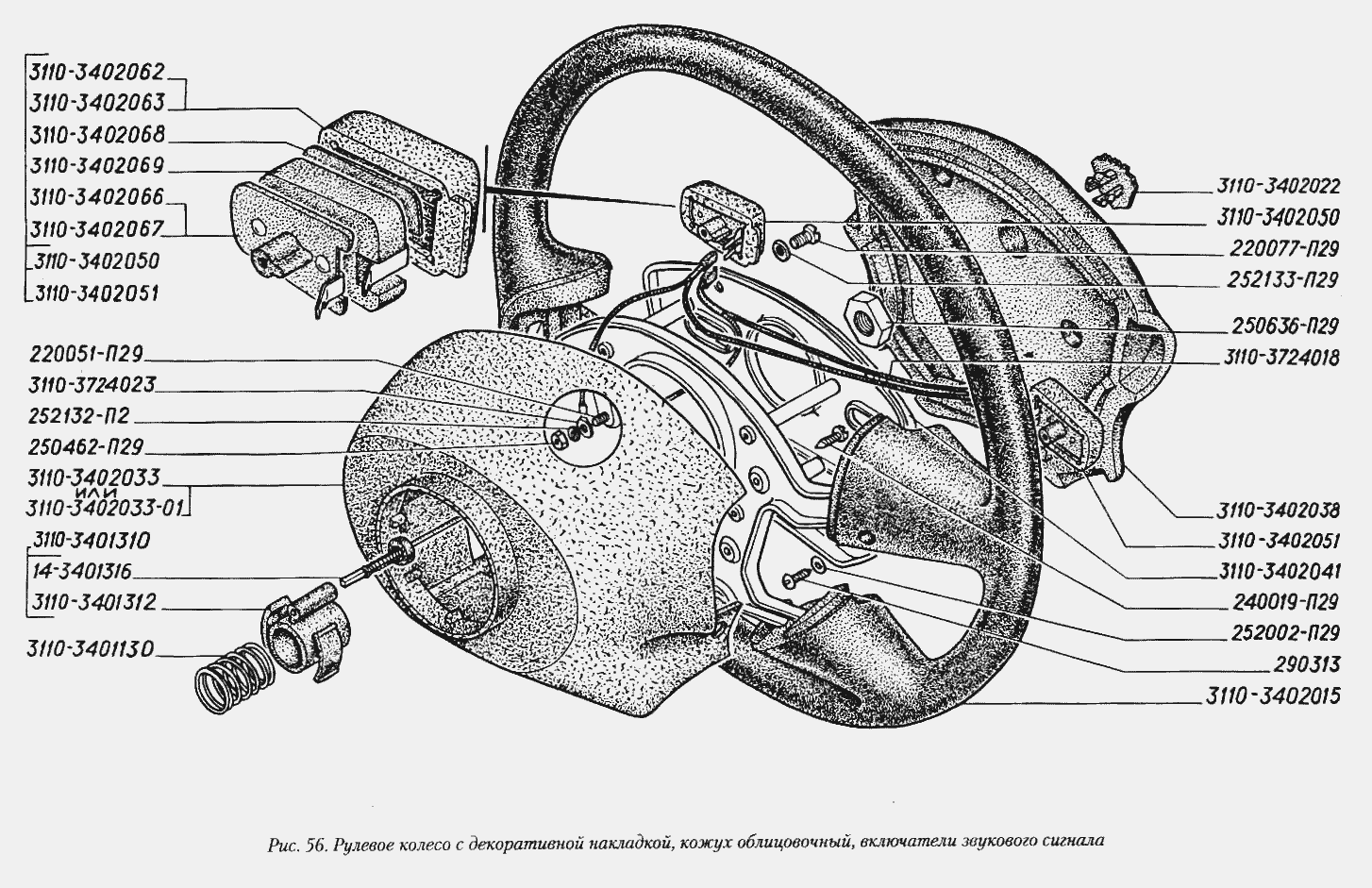 Рулевое колесо с декоративной накладкой, кожух облицовочный, включатели звукового сигнала