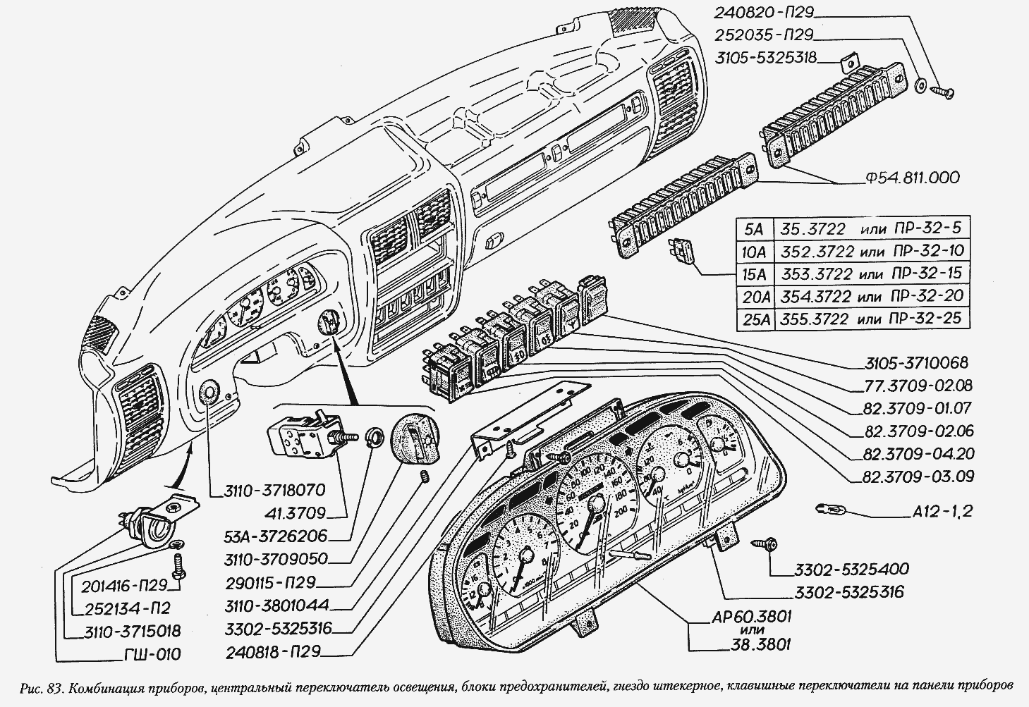Комбинация приборов, центральный переключатель освещения, блоки предохранителей, гнездо штекерное, клавишные переключатели на па