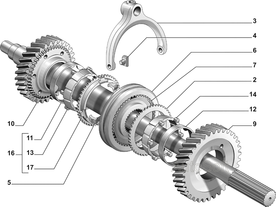 Синхронизатор и вилка включения 1 и 2 передач в КП