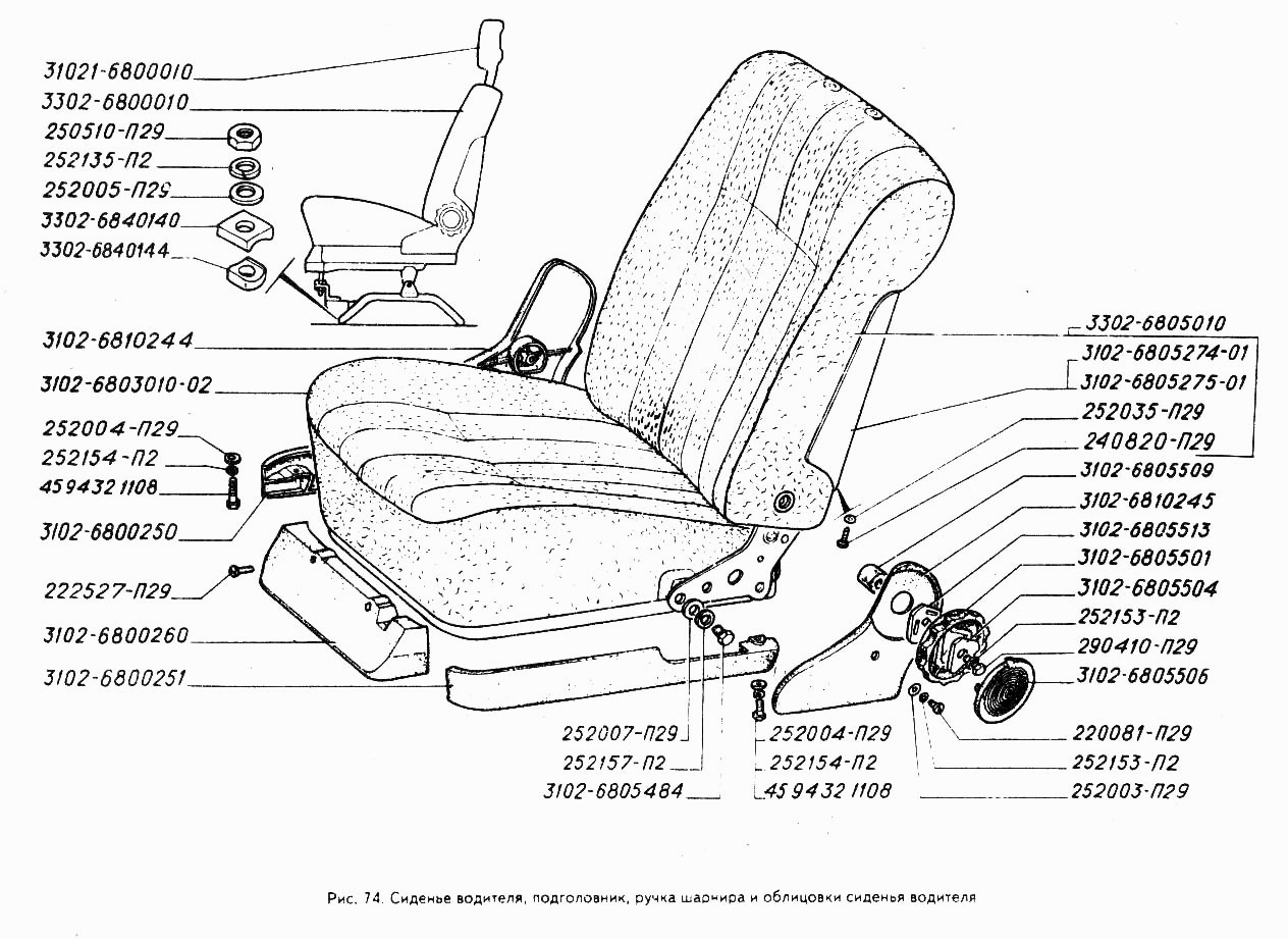 Сиденье водителя, подголовник, ручка шарнира и облицовки сиденья водителя