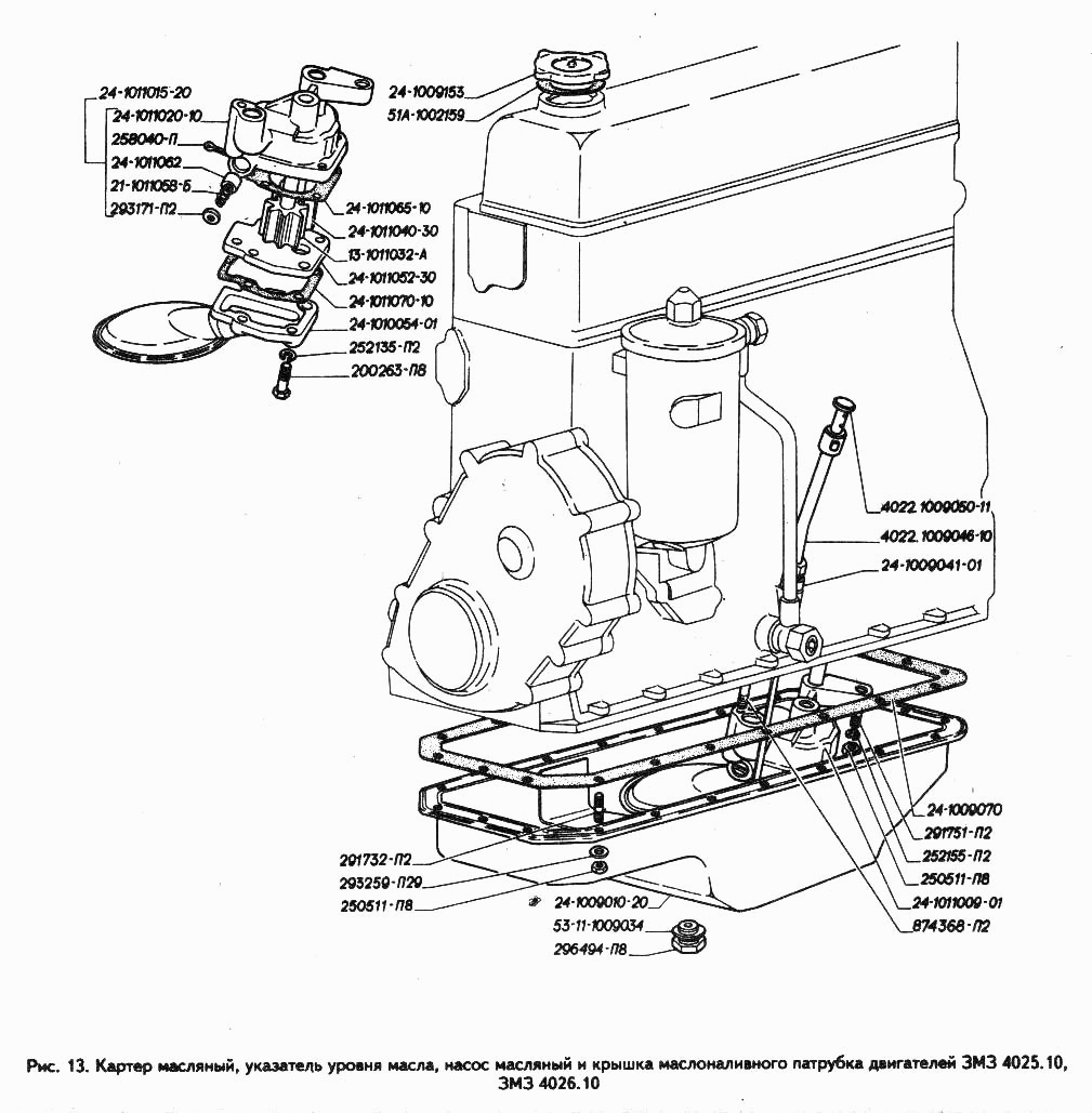 Картер масляный, указатель уровня масла, насос масляный и крышка маслоналивного патрубка двигателей ЗМЗ 4025.10, ЗМЗ 4026.10
