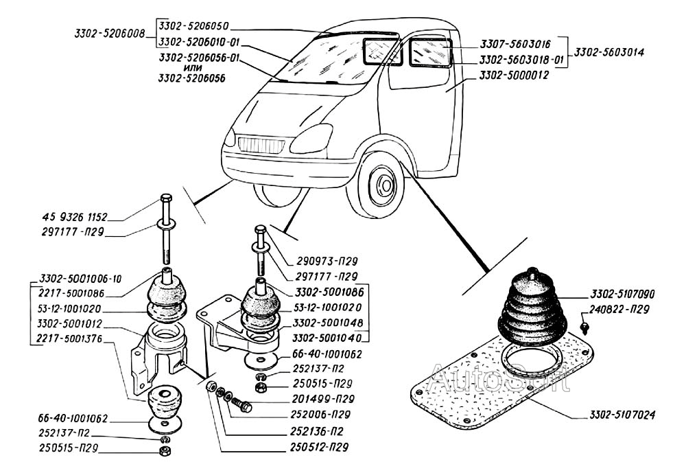 Крепление кабины, стекло ветрового окна, стекло окна задка (для автомобилей выпуска с 2003 г.)